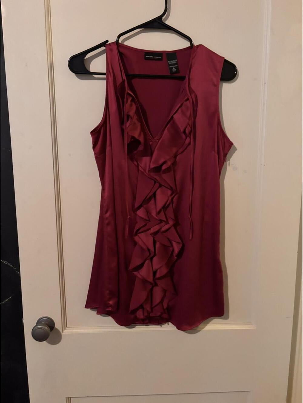 New York & Company Burgundy Satin Ruffle Sleeveless Blouse Size 6